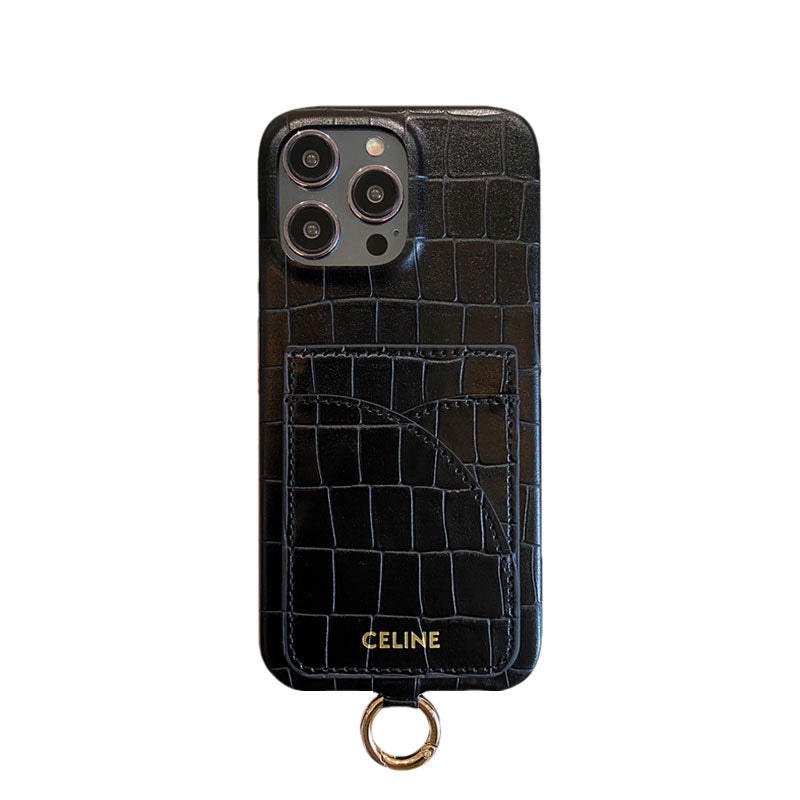 Etui Celine na iPhone'a z nadrukiem aligatora z miejscem na kartę i paskiem Brązowe -EYP241415