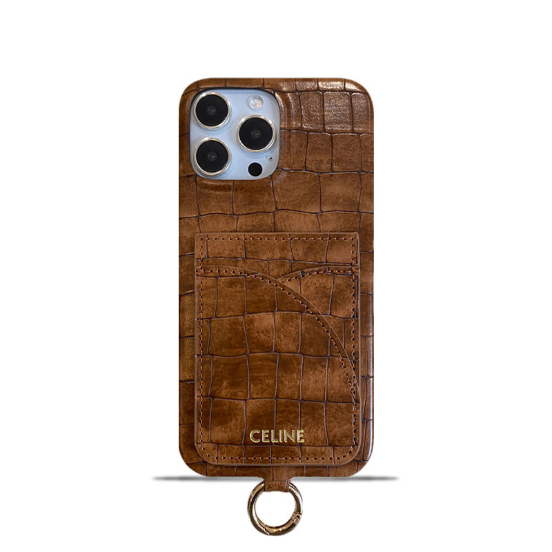 Etui Celine na iPhone'a z nadrukiem aligatora z miejscem na kartę i paskiem Brązowe -EYP241415