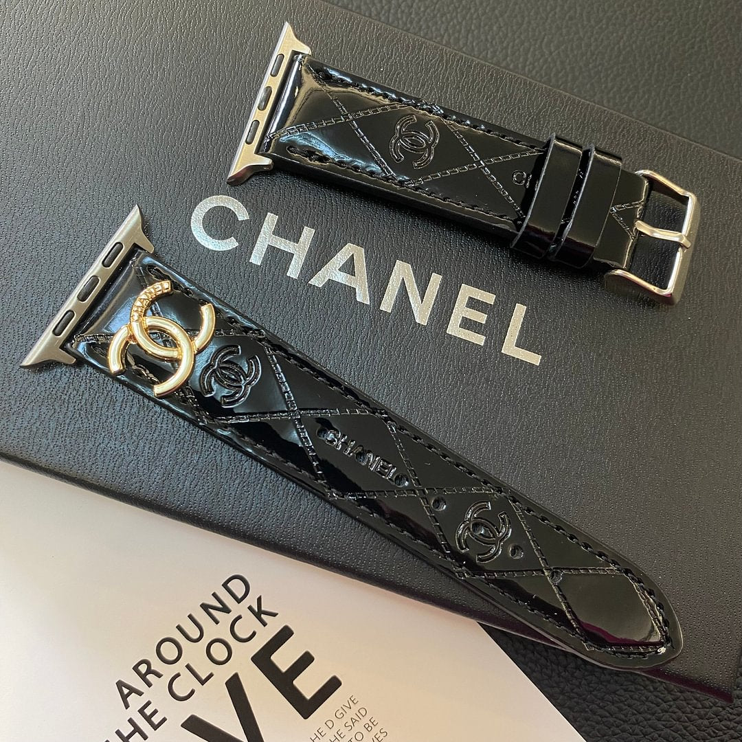 Glänsande läder Apple Watch Armband Lyxig metalllogotyp