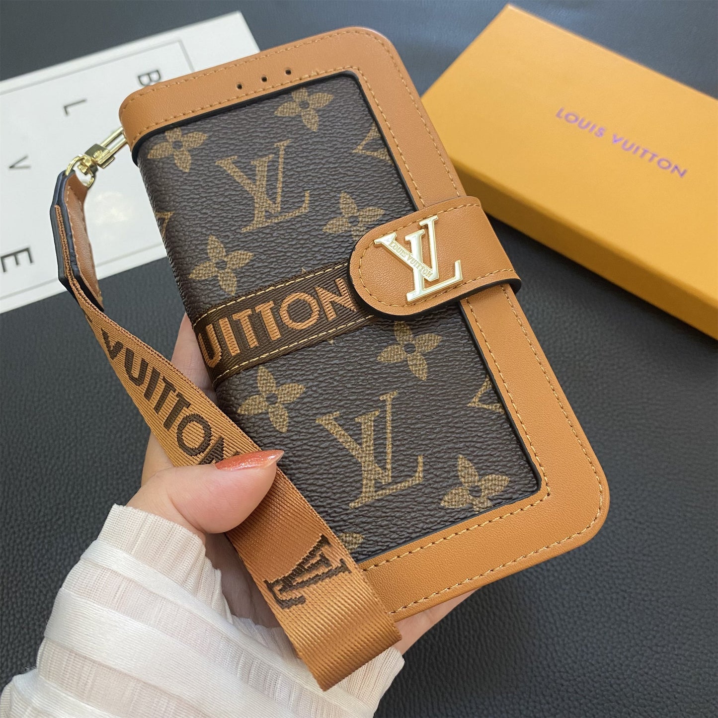 Prémiové originální kožené pouzdro na peněženku s monogramem na plátně Samsung Galaxy