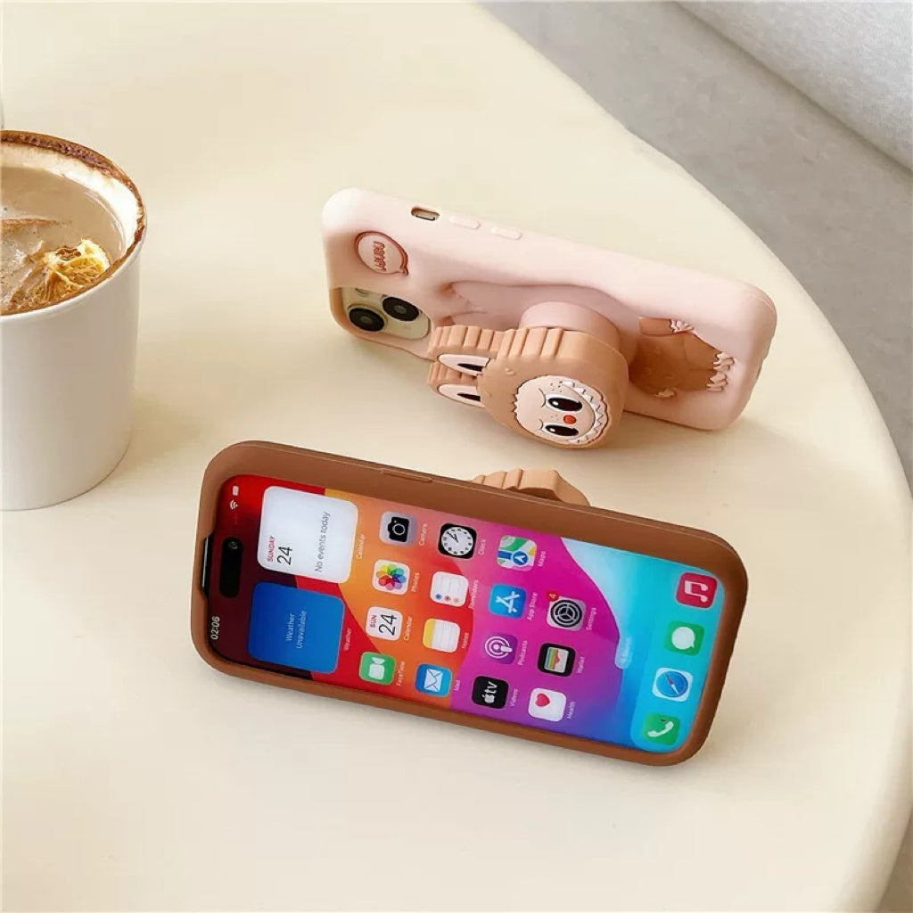 Sød tegneserie Labubu Zimomo silikone med stativ | Brun/Pink - iPhone etui