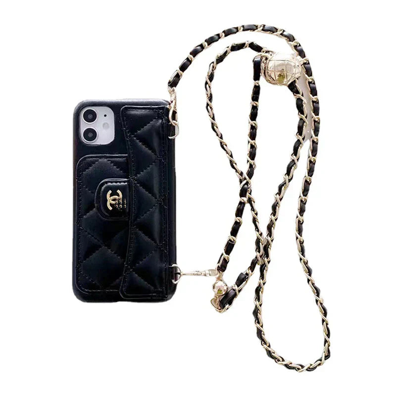 Capa carteira de luxo para iPhone com corrente manual/crossbody