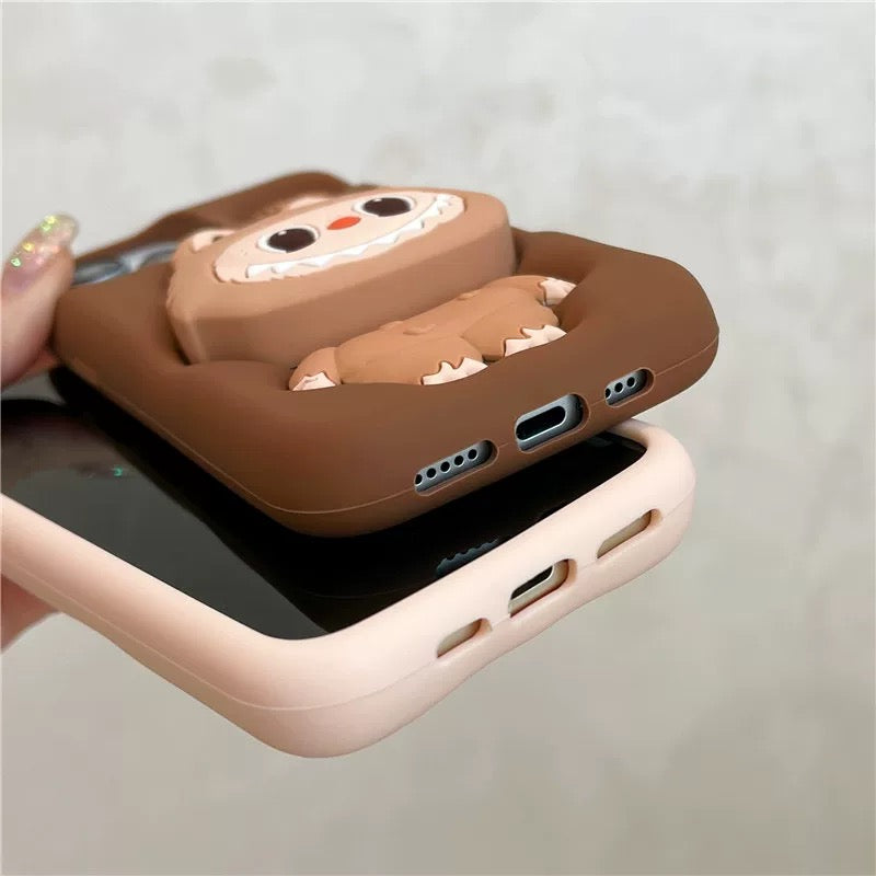 Sød tegneserie Labubu Zimomo silikone med stativ | Brun/Pink - iPhone etui