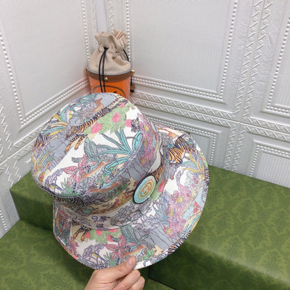 Classic Floral Tiger Cotton Bucket Hat | Luxury Designer Botanical Bucket Hat