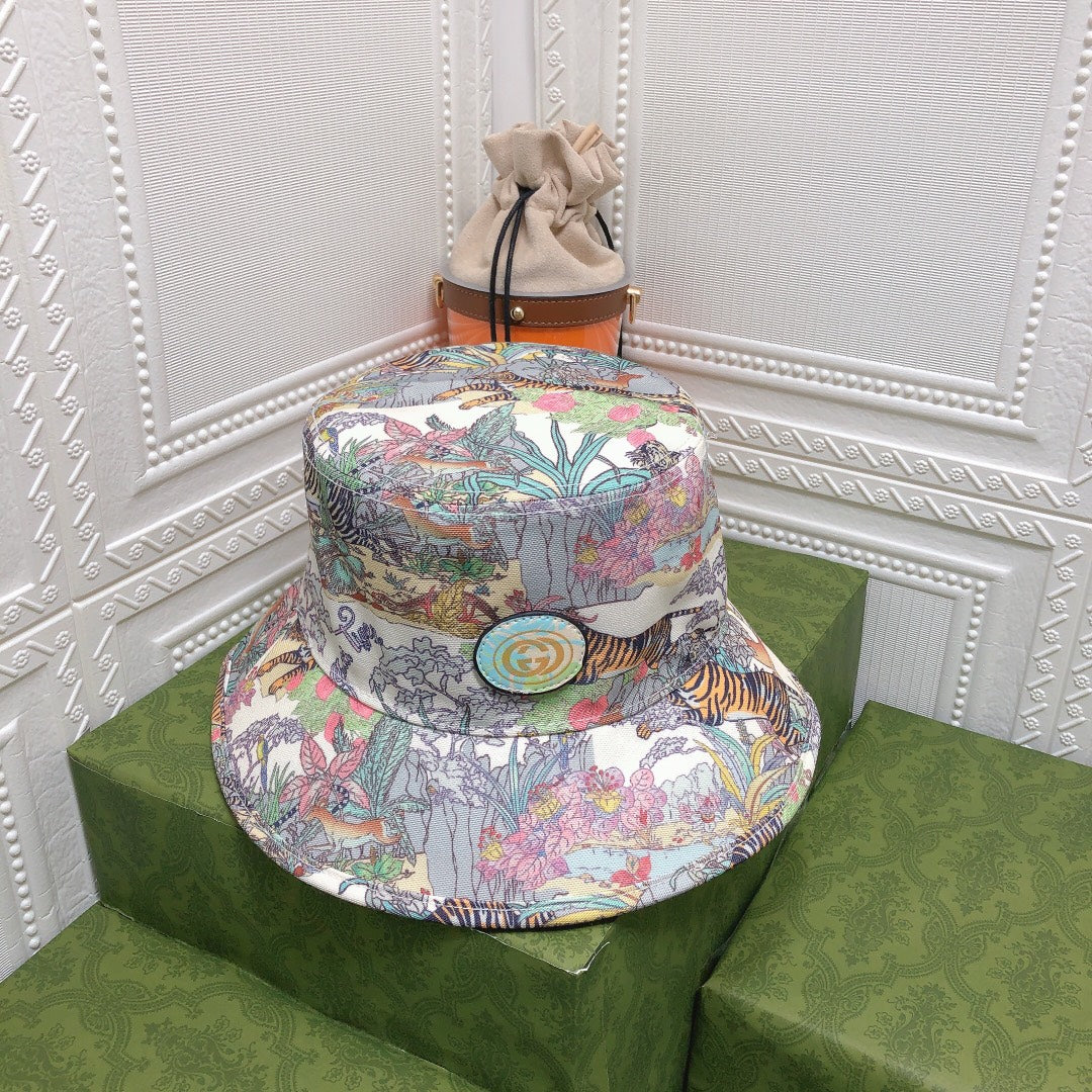 Classic Floral Tiger Cotton Bucket Hat | Luxury Designer Botanical Bucket Hat