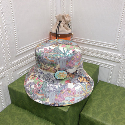 Classic Floral Tiger Cotton Bucket Hat | Luxury Designer Botanical Bucket Hat