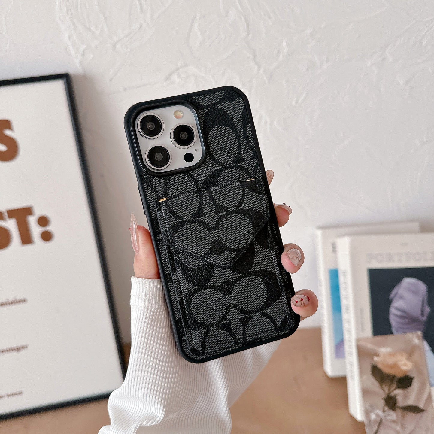 Funda Clásica Para iPhone Con Tarjetero Y Correa Negro Claro -SJ240513
