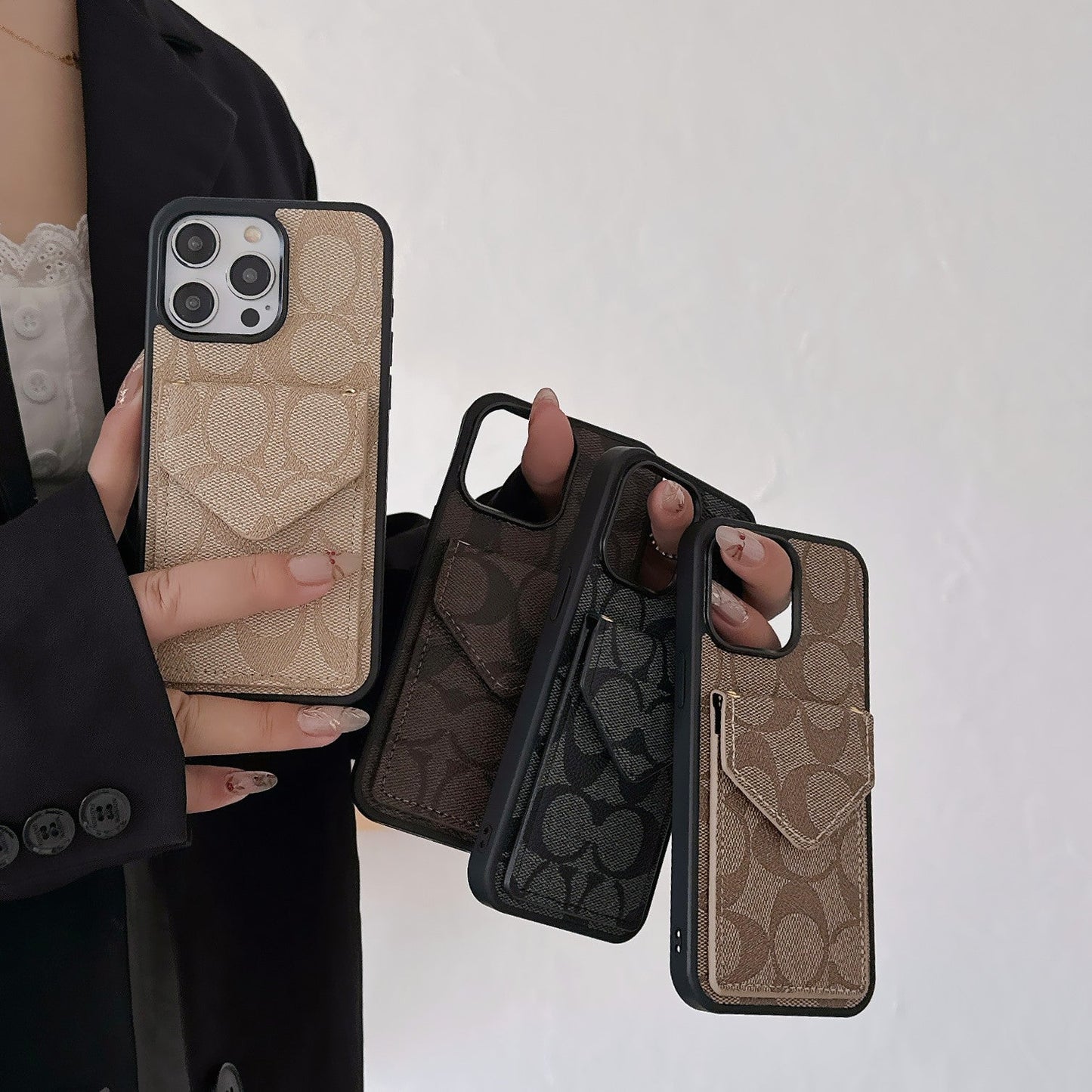 Funda Clásica Para iPhone Con Tarjetero Y Correa Negro Claro -SJ240513