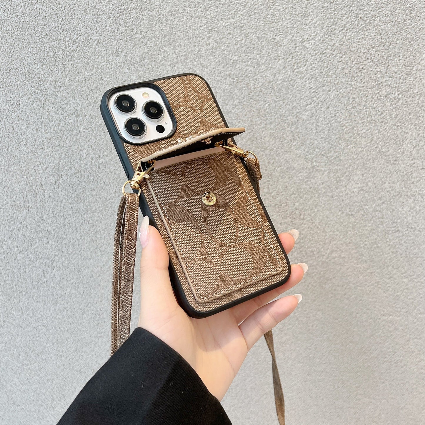 Funda Clásica Para iPhone Con Tarjetero Y Correa Marrón Claro -SJ240513
