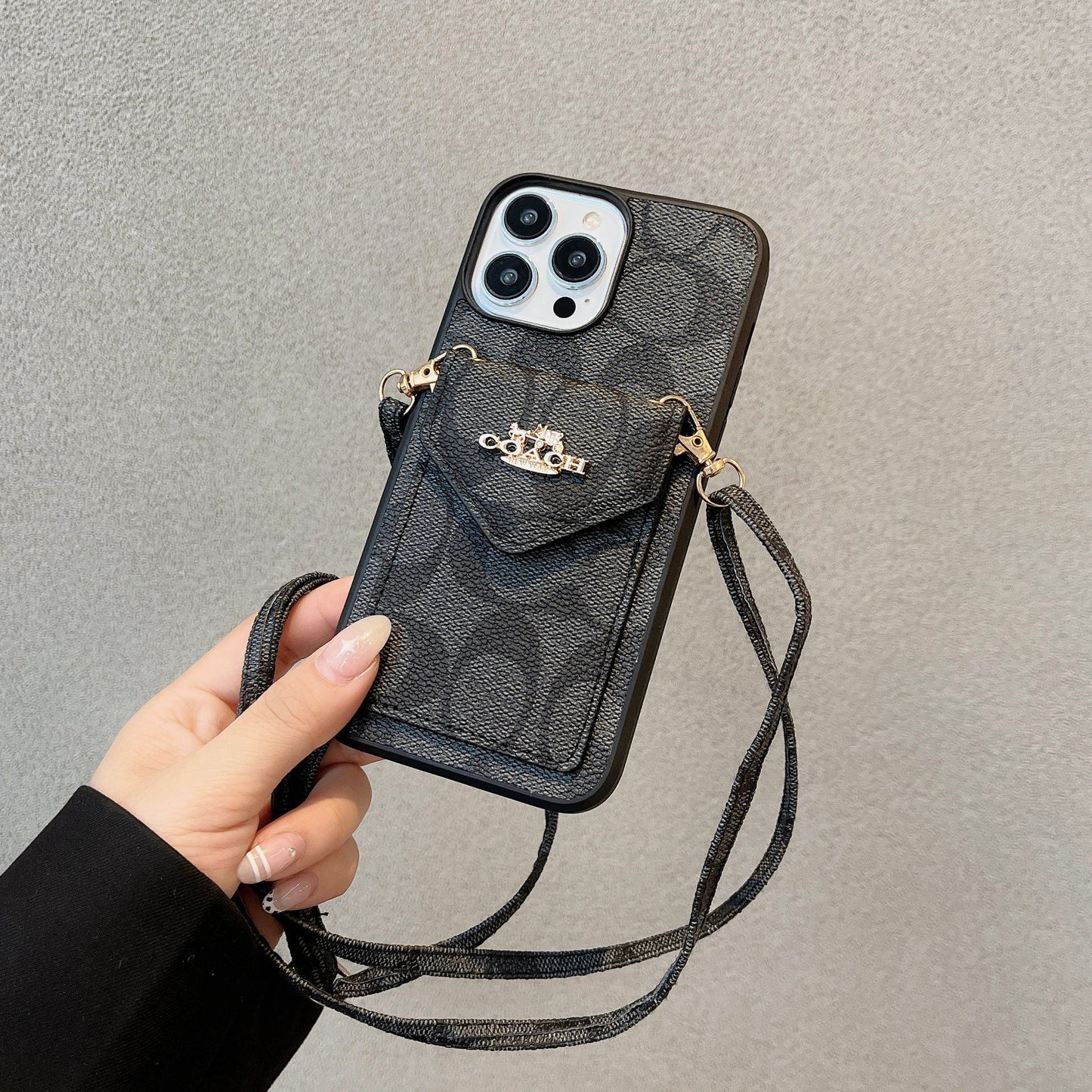 Funda Clásica Para iPhone Con Tarjetero Y Correa Negro Claro -SJ240513