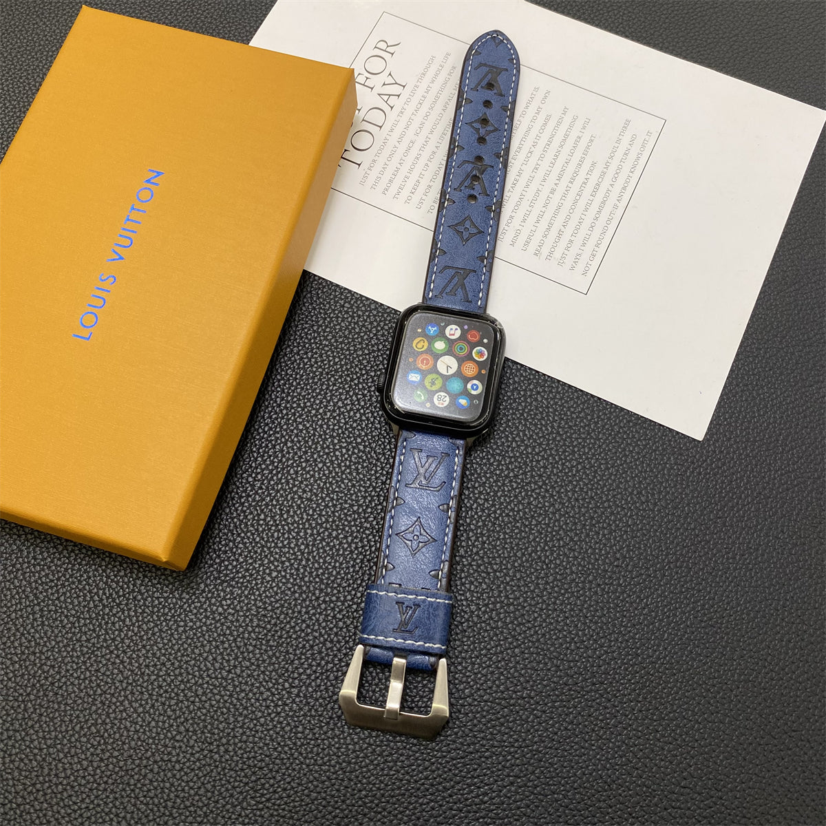 Skórzane paski do zegarków Apple z monogramem Skórzane niebieskie-YH24422