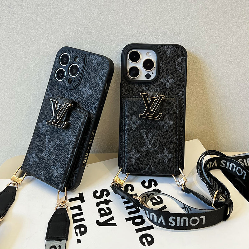 حقيبة بطاقات فاخرة بسلسلة سوداء لهاتف iPhone