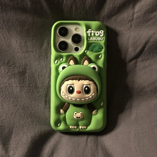 Sød tegneserie Labubu Zimomo silikone med stativ | Brun/Pink - iPhone etui
