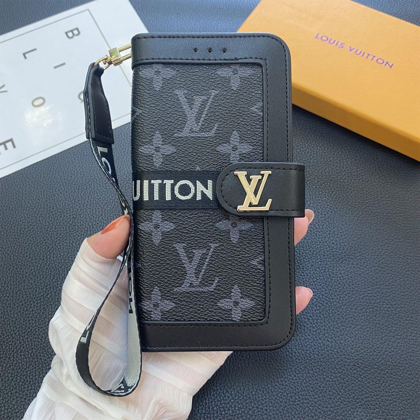 Prémiové originální kožené pouzdro na peněženku s monogramem na plátně Samsung Galaxy