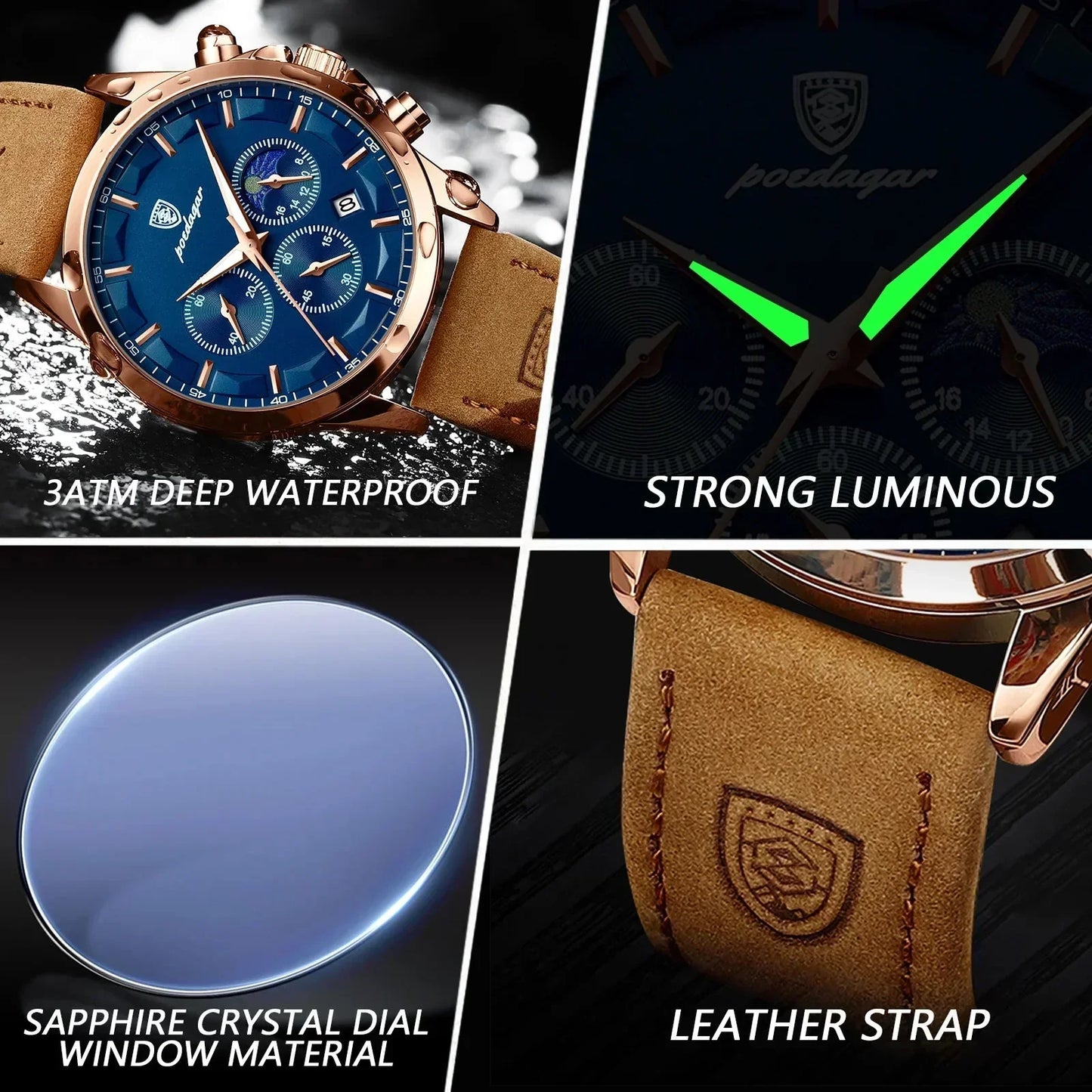Poedagar ChronoLuxe Sport – Luxury Chronograph Quartz Watch