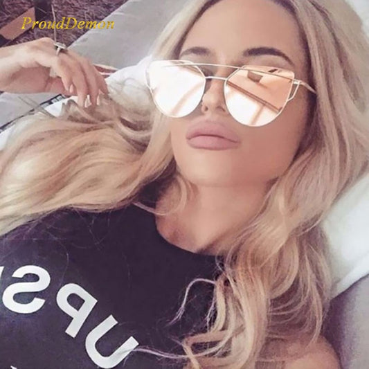 Cat Eye Vintage značkový designér růžové zlato zrcadlové sluneční brýle pro ženy kovové reflexní ploché čočky sluneční brýle dámské okuláry