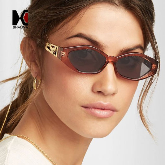 SHAUNA Diamond Sharp Fashion Metal Jumping Cheetah Decorazione Moda Donna Occhiali da sole Cat Eye piccoli